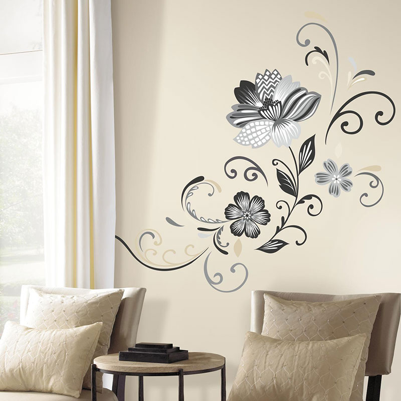 Väggdekor Black and White Flower Scroll RoomMates